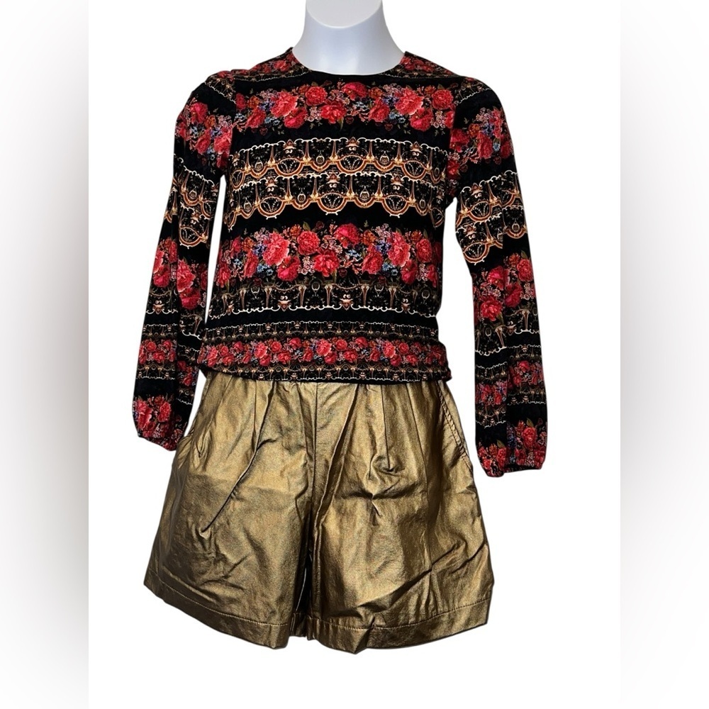 Zaza Couture black Floral Patterned Top with Gold Shorts nwt sz 7 party
